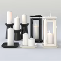 Decorative Ornament Set Featuring White Black Lit Candles Candle Holders and Lanterns