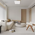 Modern Living Dining Room With White Sofa Round Coffee Table Floor-to-Ceiling Windows And Light Interior