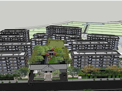 Central Garden Landscape in Residential Complex with Trees Green Spaces and Multi story Buildings 3d model