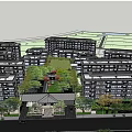 Central Garden Landscape in Residential Complex with Trees Green Spaces and Multi story Buildings