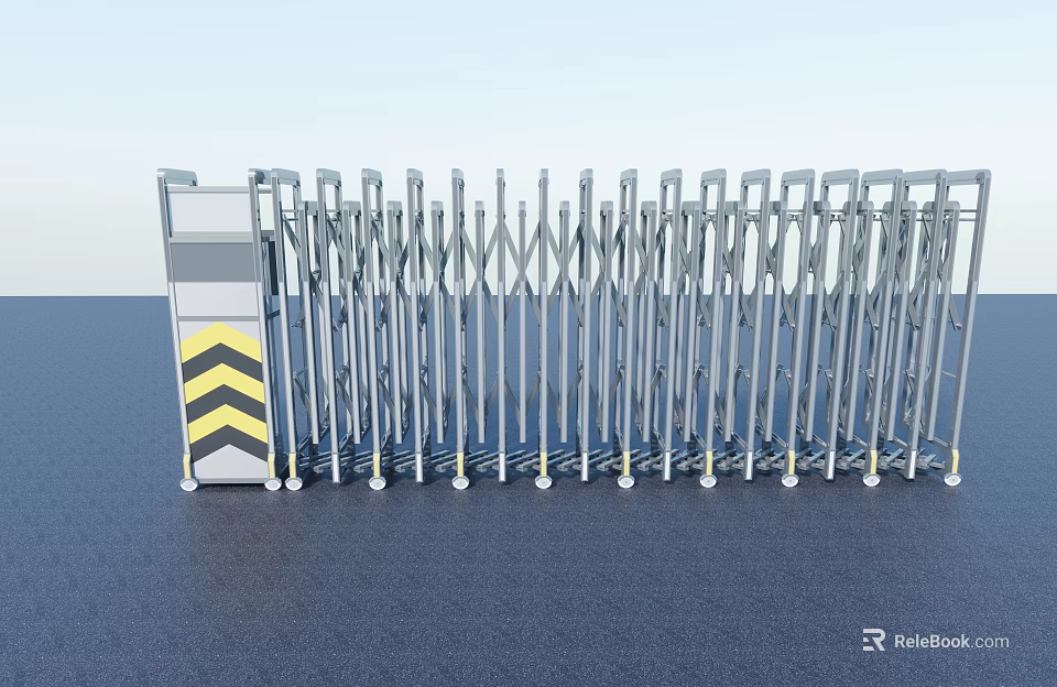 Public Facility Retractable Metal Gate With Control Box And Warning Stripes 3d model