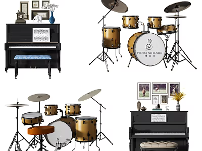 Collection of Musical Instruments and Art Supplies Including Piano Drum Set and Picture Frames 3d model