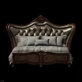 Ornate Double Bed With Carved Wooden Frame Beige Upholstered Headboard And Patterned Mattress