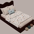 Kids Bed with Brown Headboard Blue Polka Dot Pillow Star Moon Quilt and Colorful Balls