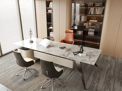 Modern Office Desk With Marble Top And Ergonomic Chairs Near Bookshelf And Table Lamp 3d model