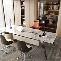 Modern Office Desk With Marble Top And Ergonomic Chairs Near Bookshelf And Table Lamp