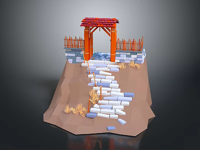 Low Poly Gateway Scene With Red Roof Fence Stone Steps Earthen Slope And Dry Grass 3d model