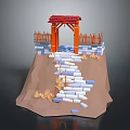 Low Poly Gateway Scene With Red Roof Fence Stone Steps Earthen Slope And Dry Grass