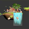 Enchanting Floating Island Landscape with Green Tree Red Roof House Waterfall and Floating Platforms