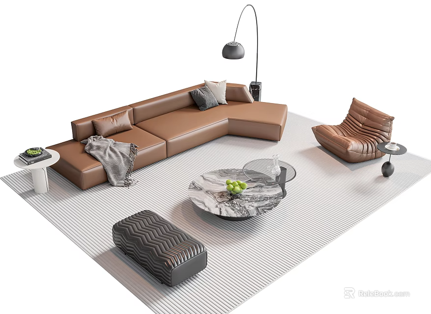 Contemporary Brown Leather Sofa And Marble Coffee Table Set With Accent Chair And Floor Lamp 3d model 