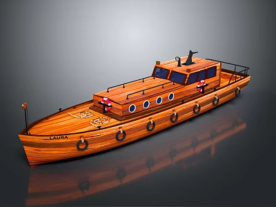 Classic Wooden Boat With Deck Lifebuoys And Reflective Hull Design Details 3d model