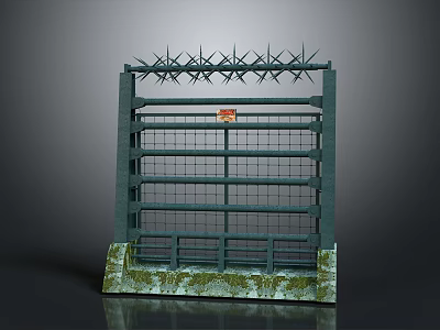 Scenic Country Landscape Featuring Rustic Green Metal Fence With Spiked Top And Mossy Base 3d model