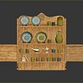 Wooden Display Cabinet With Open Doors Containing Ceramic Plates Green Vase And Colorful Cups