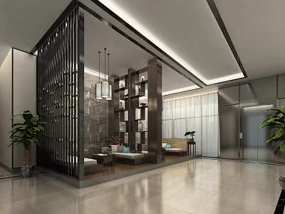 Modern Lounge Area Interior With Open Partition Bookshelves Sofas And Pendant Lights 3d model
