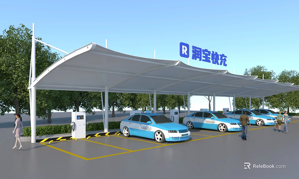 Electric Vehicle Charging Station With Canopy Blue Cars And Charging Piles 3d model 