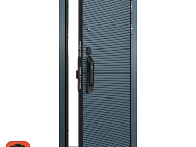 Swing Door With Dark Blue Vertical Stripes Modern Handle And Metal Frame 3d model