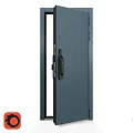 Swing Door With Dark Blue Vertical Stripes Modern Handle And Metal Frame