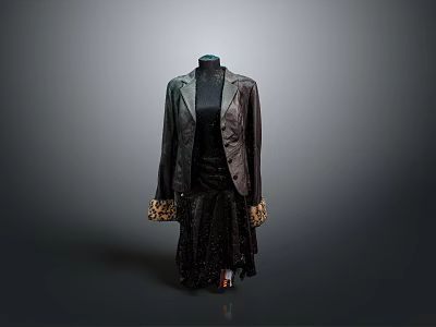 Women's Black Coat And Skirt Set With Elegant Lace Details And Patterned Cuffs 3d model