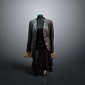 Women's Black Coat And Skirt Set With Elegant Lace Details And Patterned Cuffs