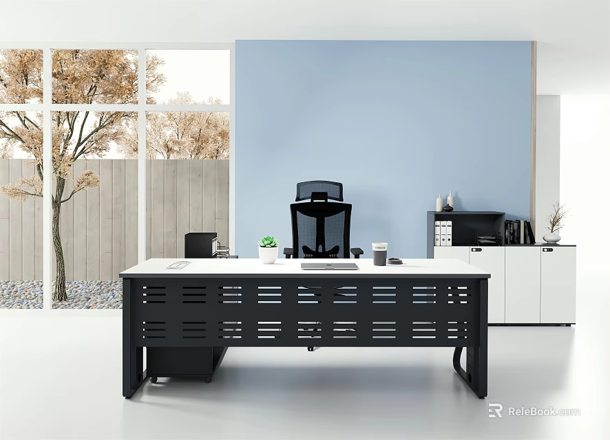 Modern Office Desk With Computer Monitor Keyboard Green Plant And White Cabinet In Natural Light 3d model 