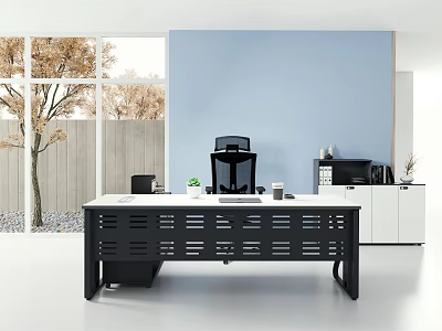 Modern Office Desk With Computer Monitor Keyboard Green Plant And White Cabinet In Natural Light 3d model