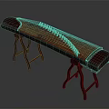 Traditional Chinese Guzheng Wooden Musical Instrument With Red Strings And Stand On Dark Background