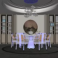 Elegant Restaurant Interior Design With Round Dining Table Chandelier Circular Decorative Painting And Area Rug