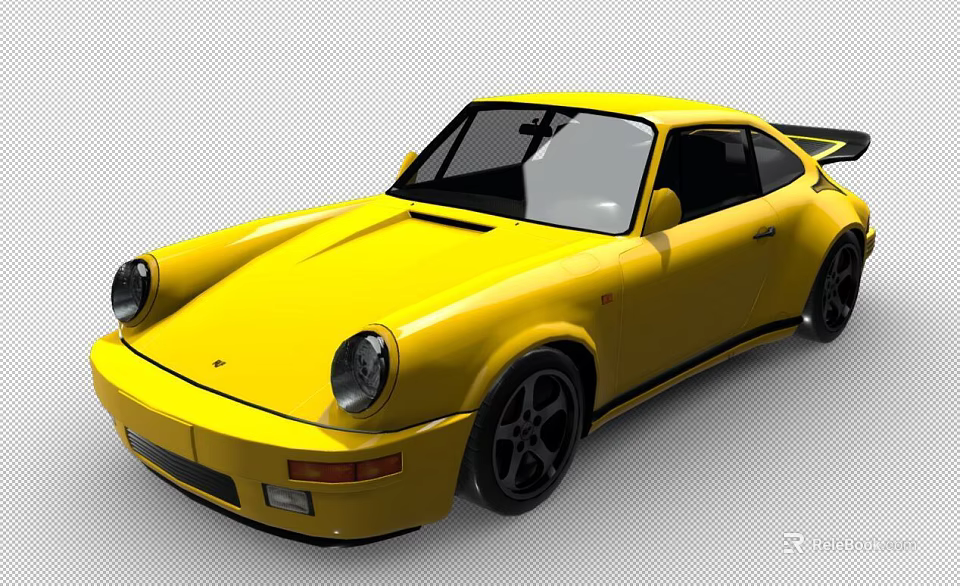 Yellow Porsche Style Sports Car With Yellow Body Black Wheels And Rear Spoiler 3d model 