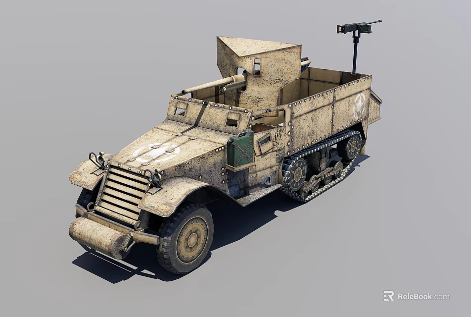 Military Tracked Armored Vehicle Mounted Machine Gun With Vintage Sand Colored Exterior 3d model 