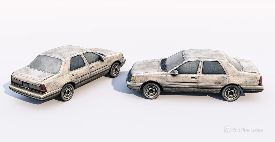 Two Old Worn Light Gray Cars Side And Front Side Views Against White Background 3d model 