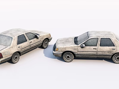 Two Old Worn Light Gray Cars Side And Front Side Views Against White Background 3d model