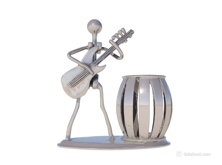 Silver Stick Figure Figurine Playing Guitar With Decorative Drum Sculpture 3d model 