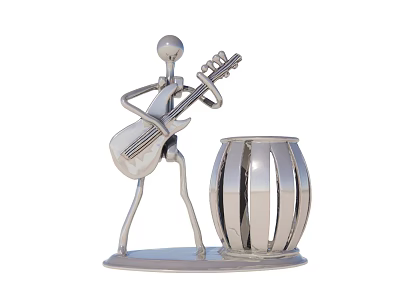 Silver Stick Figure Figurine Playing Guitar With Decorative Drum Sculpture 3d model