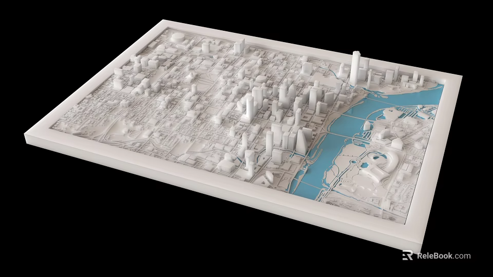 Detailed Urban Planning Sand Table Model with White Buildings and Blue Water Area 3d model 