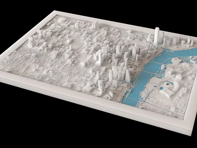 Detailed Urban Planning Sand Table Model with White Buildings and Blue Water Area 3d model