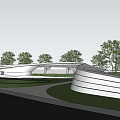 Modern Garden Landscape With Curved Pathway Green Lawn Trees And Architectural Structure