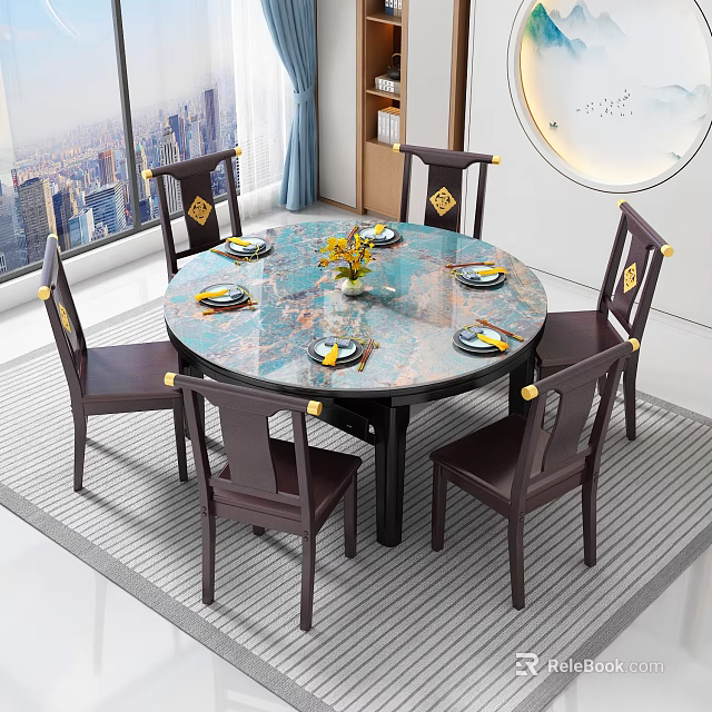 Round Marble Top Dining Table Set With Six Dark Chairs And Golden Decorations 3d model