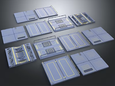 Blue Modular Panels With Yellow Lines And Various Structural Designs 3d model
