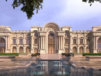 Grand European Architecture With Symmetrical Design Arched Entrance And Fountain Pool 3d model