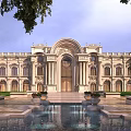 Grand European Architecture With Symmetrical Design Arched Entrance And Fountain Pool