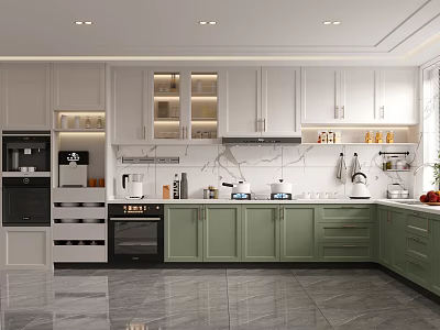 Modern Kitchen Interior With Green Lower Cabinets White Upper Cabinets Marble Countertop And Appliances 3d model