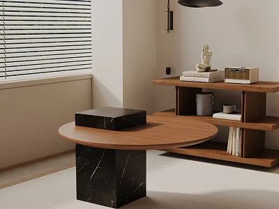 Minimalist Interior Side Table With Round Wooden Top Black Marble Base And Shelf With Books 3d model