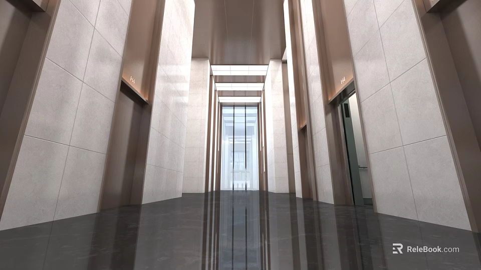 Modern Spacious Elevator Lobby With Marble Floor White Walls Metal Accents And Elevator Doors 3d model 
