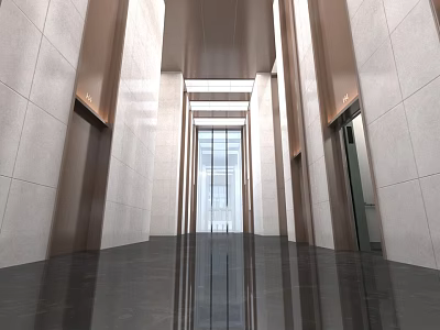 Modern Spacious Elevator Lobby With Marble Floor White Walls Metal Accents And Elevator Doors 3d model