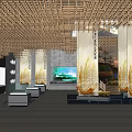 Traditional Modern Cultural Center Featuring Wooden Lattice Ceiling Large Landscape Painting Backdrop And Display Cases