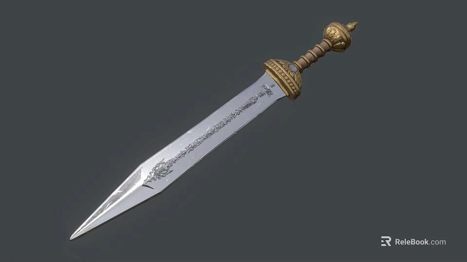 Ancient Decorative Sword With Golden Hilt And Intricate Engraved Blade Patterns 3d model 