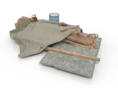 Outdoor Camp Supplies With Wooden Logs Canvas Tarp Metal Can And Tools 3d model