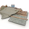 Outdoor Camp Supplies With Wooden Logs Canvas Tarp Metal Can And Tools