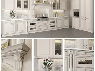 Elegant Classic Kitchen Interior With White Cabinets Carved Details And Countertops 3d model