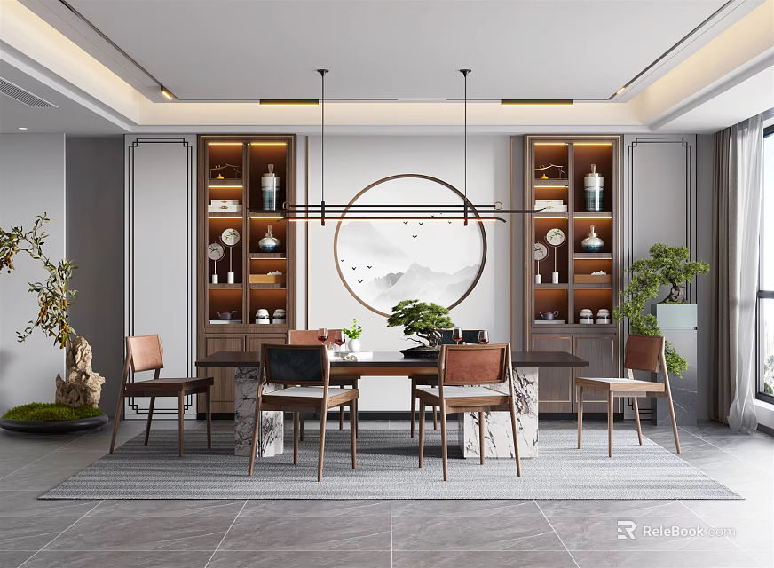 Modern Chinese Restaurant Interior With Dining Table Pendant Lights Display Cabinets And Circular Wall Art 3d model 